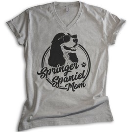 EVERTREE CLOTHING Springer Spaniel Mom V-Neck T-Shirt, Unisex Women's, English Springer Spaniel Owner Funny Dog Gift, Dark Heather Gray, Small