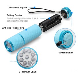 AHIER 9 LED Glow in Dark Flashlights, 3 Pack Rubber Coated Flashlights with Straps, Portable Handy Lights for Camping, Hiking, Indoor, Assorted Colors (Green+Blue)