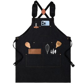 Chef Aprons for Men Women with Pockets, Cotton Canvas Cross Back Heavy Duty Adjustable Work Apron for Kitchen, BBQ & Grill (Black)