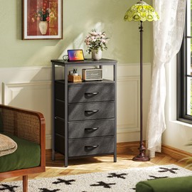 Huuger Night Stand with Charging Station, 4 Drawer Dresser for Bedroom, Bedside Table, 33.9 Inch Tall Nightstand with Open Shelf, End Table, for Closet, Entryway, Bedroom, Black