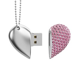 RAOYI 32GB Heart Shape USB 2.0 Flash Drive Crystal Memory Stick Thumb Drive Pen Drive Jump Drive Jewelry Pendant Necklace with Key Chain-Pink