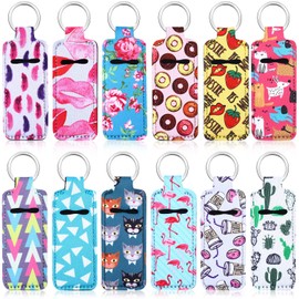 12 Pieces Mini Chapstick Holder Keychain Lip Balm Holders Elastic Waterproof Neoprene Lipstick Tracker Sleeve Keychains Egg Toy Filler Travel Accessories with Metal Ring for Birthday Gift, 12 Styles