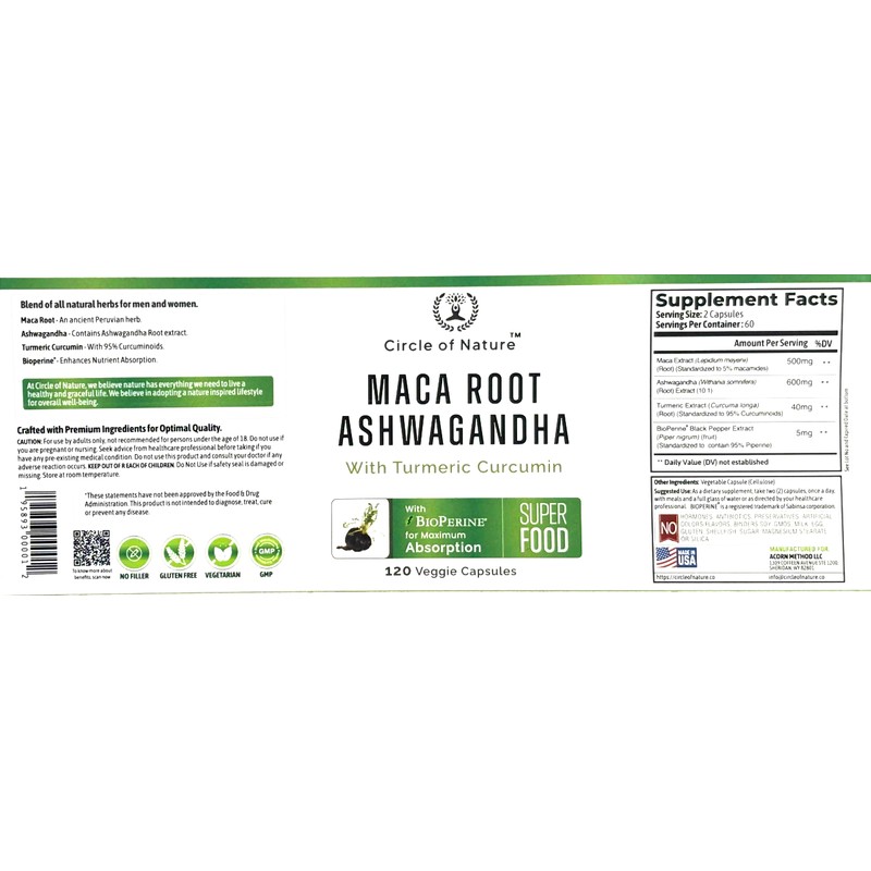 Maca Root, Ashwagandha Root Extract, Capsules for Men & Women
