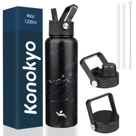 Konokyo Insulated Water Bottle with Straw,40 oz 3 Lids Metal Bottles Stainless Steel Water Flask,Marble Midnight