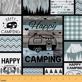 Homemissing Happy Camping Fabric Sold by the Metre for Chairs Camper Patchwork Fabrics for Children Boys Girls Buffalo Check Fabric 92 x 150 cm Geometric Plaid Teal Blue Upholstery Fabric