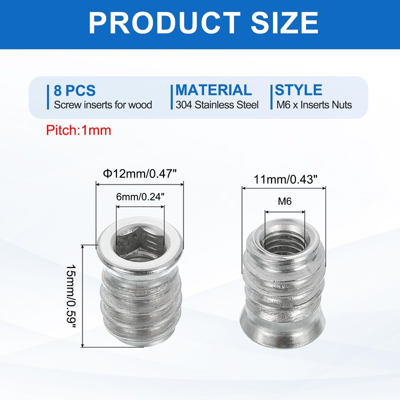 sourcing map 8Pcs Threaded Inserts Nuts, M6x15mm Hex Socket Drive