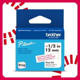 Brother Genuine Btag-232 P-Touch Label Tape for Brother P-Touch PT-N10, PT-N20 and PT-N25BT Label Makers, Btag Series, Non-Laminated, red on White 12mm