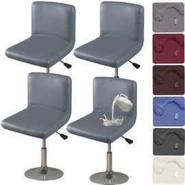 HFCNMY Bar Stool Chair Covers, 4 Pack Stretch Waterproof PU With Back, Washable Swivel Barstool Slipcovers for Low Short Back Chairs, Gray