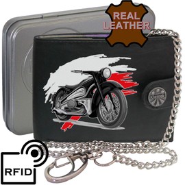 Biker Classic Vintage Motorbike Motorcycle Poland Flag Mens Chain Wallet Gift Box KLASSEK Brand Real Black Leather RFID Blocking with Coin Pocket