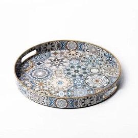 Fuukou Round Serving Tray with Handles - Boho Coffee Table Tray Ottoman Tray,Large Trays for Ottoman Coffee Table,Modern Decorative Trays for Living Room