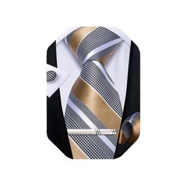 DiBanGu Mens Striped Tie Silk Woven Necktie and Pocket Square Cufflinks Tie Clip Set Wedding Business Formal Gift Tie for Men, Champagne and Grey