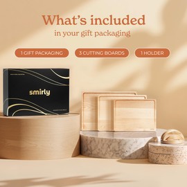 SMIRLY Wood Cutting Boards for Kitchen Wooden Chopping Board Set Reversible with Deep Juice Grooves Grip Handles, Large Charcuterie Tray for Home Kitchen, Natural Birch, 3Pcs with Holder