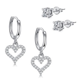 VFUN Heart Love Dangle Drop Silver Earrings 4mm Cubic Zirconia Stud Earrings Cartilage Huggie Hoop Earrings For Brides Bridesmaids Mother's Day