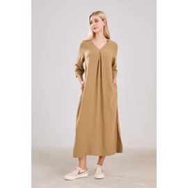 utcoco Womens Cotton Linen Maxi Dresses Casual Loose Fit V Neck 3/4 Sleeve Side Slit A Line Linen Long Dress (X-Large, Khaki)