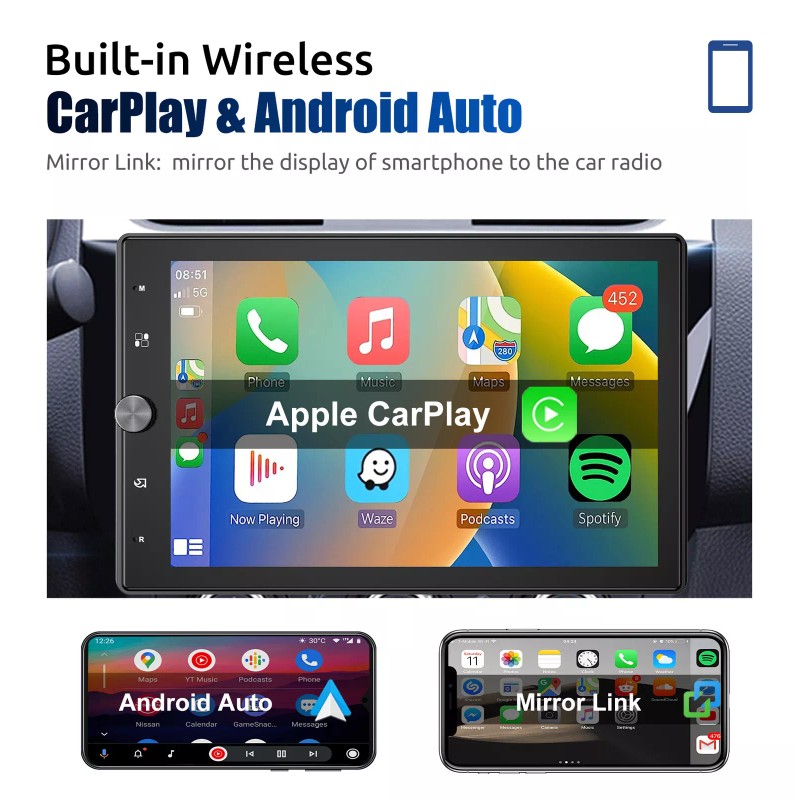 Camecho 10.4" Single DIN Car Stereo Radio Wireless Apple CarPlay