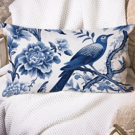 MISSUYSA Blue Indigo Floral Bird Chinoiserie Lumbar Pillow Cases Traditional Throw Pillow Cover 12x16 Decorative Pillow Home Cotton Linen Boho Square Cushion Cover for Couch Sofa Car Indoor
