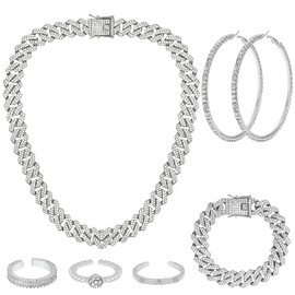NEWITIN 7 Pieces Silver Jewelry Set for Women Dainty Cubic Zirconia Cuban Link Chain Necklace Bracelet Ring Sparkly Crystal Earrings Cuban Jewelry Set for Women Men