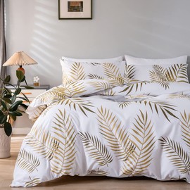 Nayoroom Bed Linen 140 x 200 cm White Gold Leaves Pattern Duvet Cover 2-Piece Microfibre Botanical Palm Leaves Bedding Set Zip and Pillowcase 70 x 90 cm