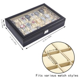 Baojulong 24-Slot Black PU Leather Watch Box, Watch Organizer with Clear Lid, Fits Various Watch Styles