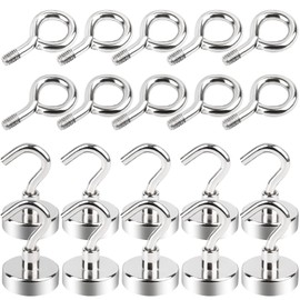 MIN CI 10 + 10 Pieces Magnetic Hooks Extra Strong, 25 mm Magnets Strong 22 kg Magnetic Hooks, Neodymium Magnet with Hooks, Eyelet Magnet of 2 Types, Round Strong Magnets for Camping, Garage, Rustproof