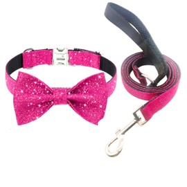 Jumpress Bling Bow Tie Dog Collar and Leash Set, Cute Pink Puppy Dog Collar with 5ft Leash for Small Dogs Daily Walking or Holiday Party (Hot Pink, Neck fit 9-12’’)