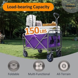 NobAura 150 LBS Garden Cart, Purple Utility Collapsible Wagon Cart, Steel Frame Cart with Adjustable Handle and All-Terrain Wheels, for Gardening, Camping, Beach, Shopping, Groceries and Outdoor