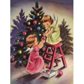 Vintage Style Christmas Card Tree Girls Angel Metal Magnet 3x4 inches 8541