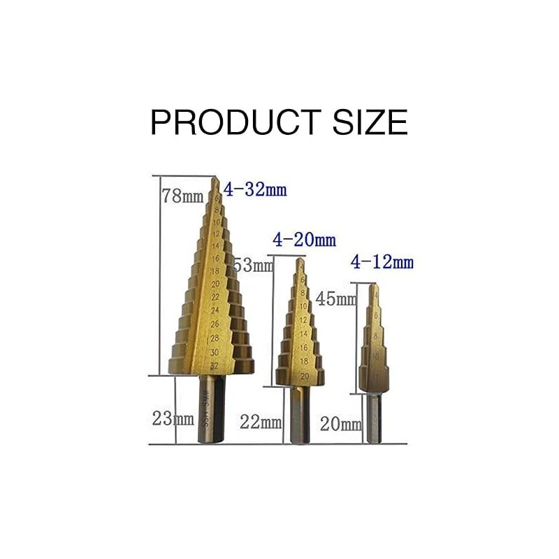 3 Pcs HSS Steel Step Cone Drill Titanium Bits Set