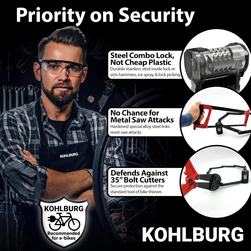 KOHLBURG Folding Bike Lock [43”] Bolt Cutter Proof with 4-Digit