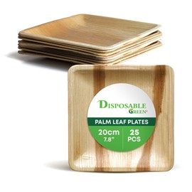 DISPOSABLE GREEN - Square Disposable Plates, Areca Leaf Serving Plates, Dinner Plates for Parties, Weddings, Catering, & More, Disposable Plates for Hot Food & Cold Food, 20 x 20 x 2 cm, 25-Pcs