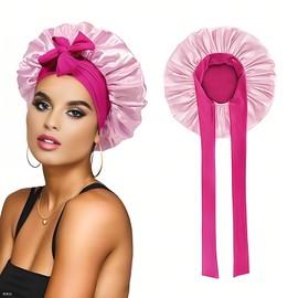 Satin Reusable Shower Cap for Women Double Layer, Shower Bonnet Washable Elastic Band Bath Hair Hat for Long Hair Ajustable hair Bonnet for Hair With Tie Band