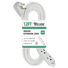 YOJOE 12 ft White Flat Plug Extension Cord Multiple Outlets, 16AWG 3 Outlet Flat Extension Cord, 3 Prong Grounded Wire, Power Cable for Home, Office - UL Listed