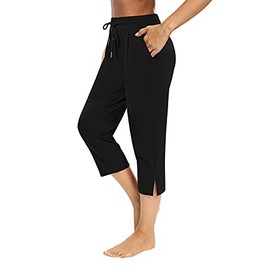 Sarin Mathews Womens Capri Yoga Pants Loose Workout Joggers Drawstring Sweatpants Lounge Pajama Capris Pants with Pockets Black M
