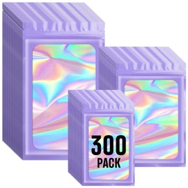 Funfery 300 Pack 3 Size Mylar Holographic Bags with Clear Window,Resealable Bag Smell Proof Foil Baggies Packaging Pouch for Food Storage,Sample,Small Business(Purple,3x4.7,4x6,4.7x7.9in)