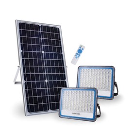 2-Lights 100W Solar Powered Flood Light Outdoor with Remote Controller ,Dusk to Dawn 6000K IP67 Waterproof Solar Led Security Street Light for Pool Fence,Yard ,Garage ,Path ,Patio ,Shed ,Barn ,Garden.