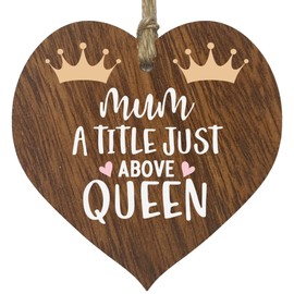 Birthday Heart Gifts from Daughter Son - Mum A Title Just Above Queen - Best Mum Gifts Presents for Mum, Mothers Day Hanging Wooden Heart Sign Plaque Gift - Dark Wood Hearts Sign