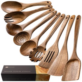 Hefild Wooden Spoons for Cooking, Nonstick Cooking Utensil Set with 9 Piece Acacia Wooden Spatulas and Spoons for Cooking, Terrific for Everyday Kitchen Tasks