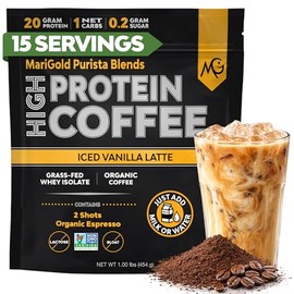MariGold- Café Alto en Proteínas Latte Helado de Vainilla, 20g Aislado de Proteína de Suero Alimentado con Hierba, Energy  Workout Boo                