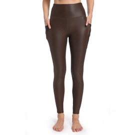 HARTPOR Womens Faux Leather Leggings Pants Stretch High Waisted Yoga Pants Pleather Pants with Pockets, Brown L