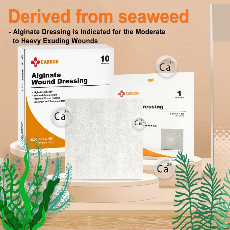Carbou Calcium Alginate Wound Dressing, 4'' x 4'' Patches,10 Individual