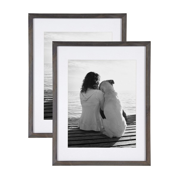 DesignOvation Gallery Wood Photo Frame Set for Customizable Wall Display, Charcoal Gray 14x18 matted to 11x14, Pack of 2