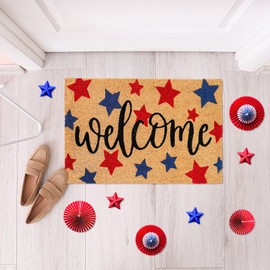 Whaline Patriotic Natural Coir Door Mat 4th of July Red Blue Star Welcome Mat Non-Slip Independence Day Entrance Door Rugs for Indoor Outdoor Home Bathroom Decor, 16.5 x 29 Inch