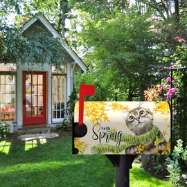 Dacawin Hello Spring Mailbox Covers Magnetic Large Size Summer Gold Flowers Cat with Scarf Waterproof Mailbox Wraps Floral Post Letter Box for Farmhouse Garden Yard Fence Oversized 25.5 X 21 Inch