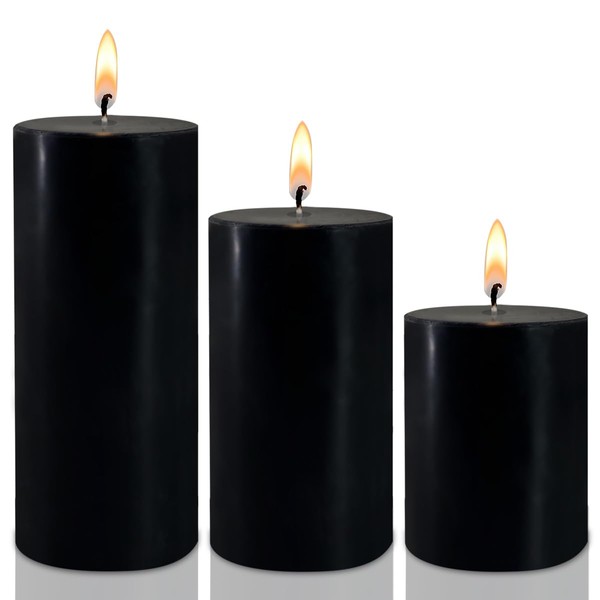 Black Pillar Candles Set of 3 - Dripless Unscented -