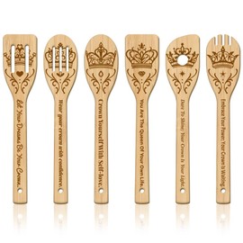GLOBLELAND 6Pcs King and Queen Crown Bamboo Cooking Utensils Wooden Engraved Cooking Spoons Set Carving Kitchen Bamboo Spatula Set Wood Cooking Spoon for Kitchen House Warming Gift