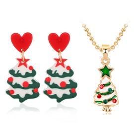 Christmas Tree Necklace Earrings Set Red Jingle Bell Necklace for Girls White Christmas Stockings Necklce Christmas Wreath Necklce for Women Festive Holiday Party Favors Jewelry Gifts (tree)