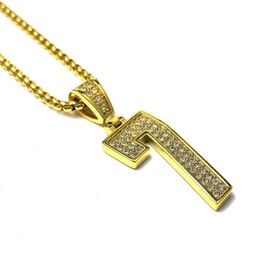 Fanshu Stainless Steel Number 7 Pendant Necklace, Titanium Iced Out Bling Seven Charm Collar Chains Sports Necklace for Men Women Couple Friends Fans Gift Fashion Jewelry Hip Hop (Gold Color)