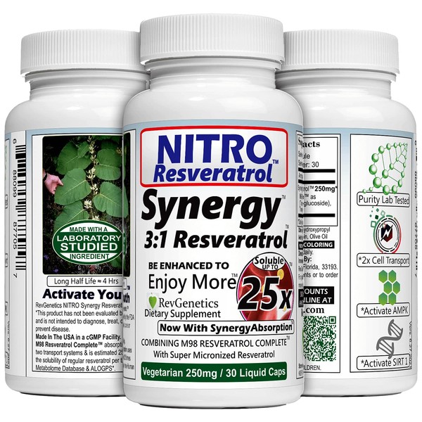 Nitro Synergy Resveratrol (Nitro250) with Up to 25x Solubility - 60 Vegetarian Capsules - 30 Servings - 500 mg per serving