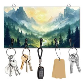 DELORIGIN Forest Mountains Key Holder Key Hooks Wall Mounted Wooden Key Racks Key Storage Organizer Hanger with 5 Key Hooks House Key Holder for Wall Decor Door Entryway Hallway Kitchen New Home Gift