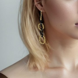 Jewever 18K Gold Plated Sterling Silver Stud Drop Dangle Beaded Black Spinel Beads Chain Hoop Earrings for Women Trendy Birthday Gift for Her, Sterling Silver, Spinel